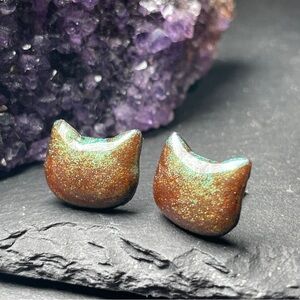 Custom Iridescent Golden Green Sparkling Cat Ear Stud Earrings